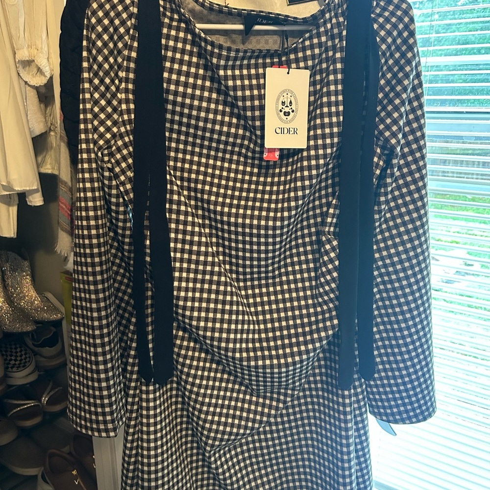 Cider Black & White Gingham Tie-Front Dress